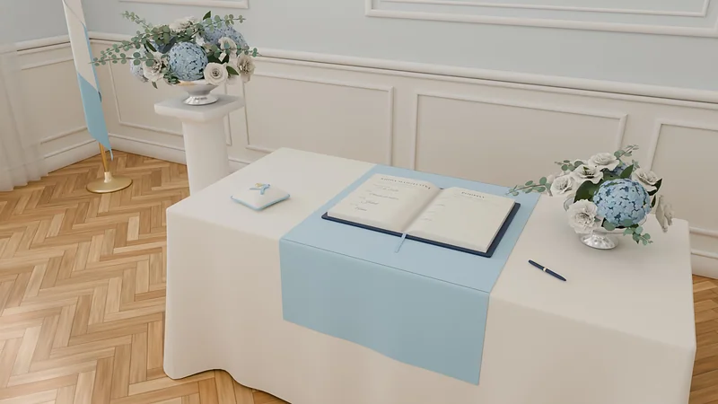 Vizualizace stolu s knihou a prstýnky v obřadní síni